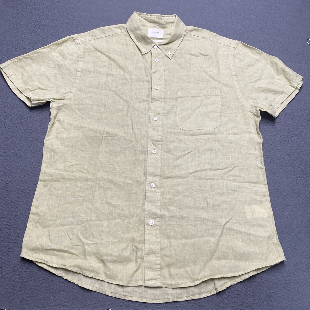 Billy Reid Shirt Mens Large Green Linen Short Sleeve Button Down Casual Standard